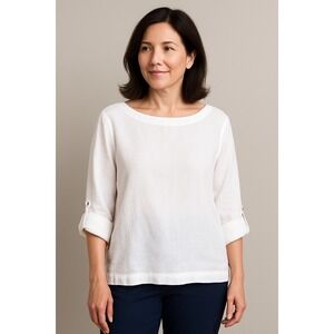 Charter‎ Club Womens 100% Linen White Boatneck Roll Tab Sleeve Top Size Medium